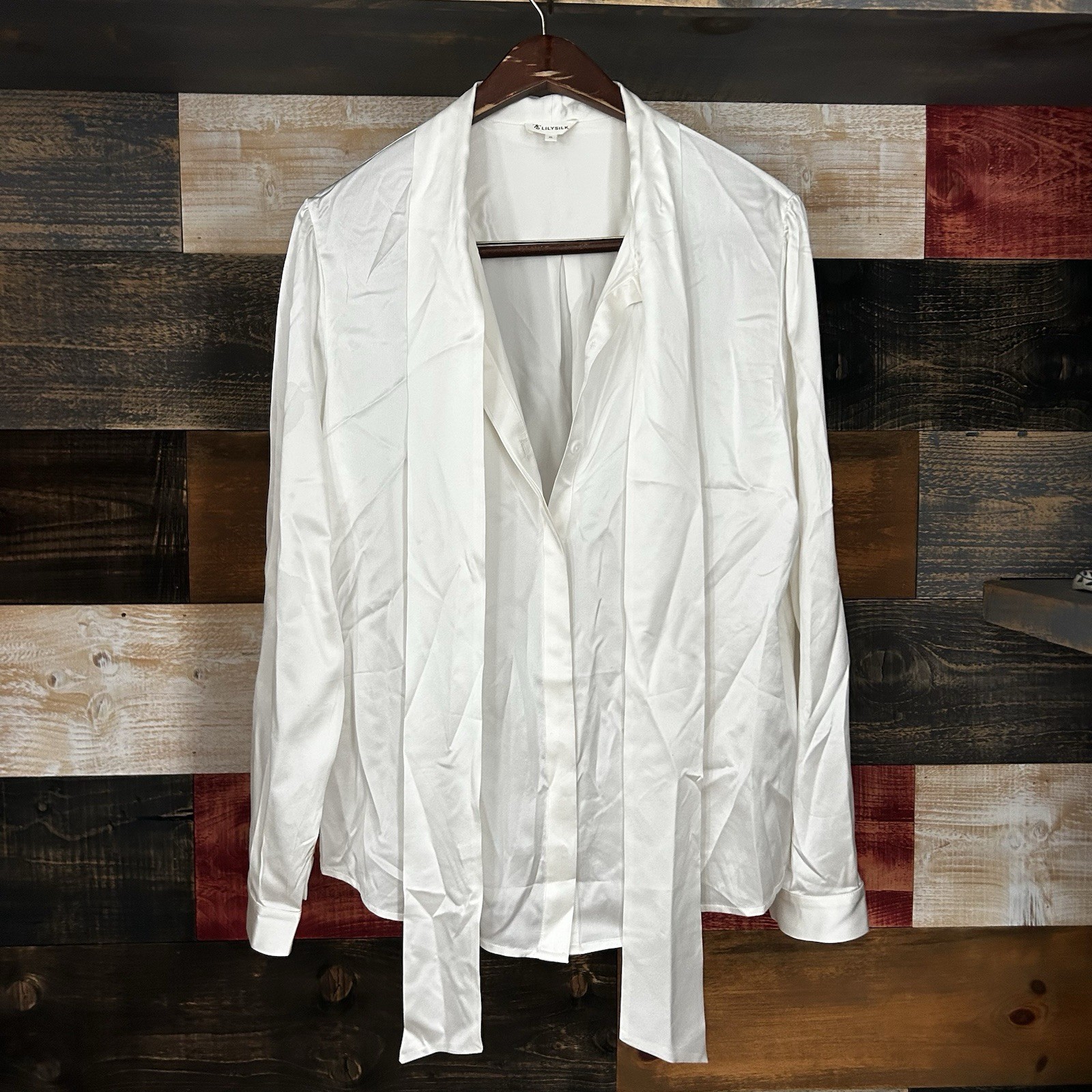 Lilysilk Blouse Mulberry Silk Ivory White Tie XL Womens
