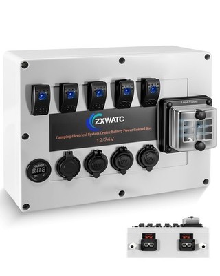 12V/24V Battery Power Control Box for Camping Electrical System, 6 Way Fuse B...