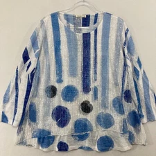 Jess & Jane Top size XL Blue White Art To Wear Layover Mesh Boho Festival