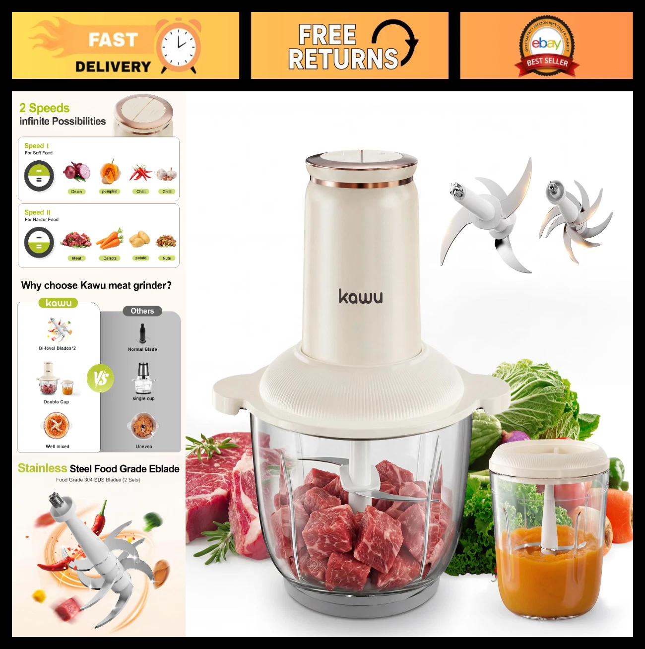 300W Electric Food Processor - 2 Bowls, 2 Speeds, Stainless Steel Blades, Mini C