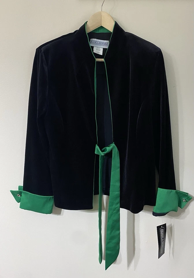 Jessica Howard Negro Terciopelo Verde Satén Chaqueta Pantalón Traje Nuevo con Etiquetas  Foto 2 de 4