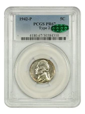1942-P 5C PCGS/CAC PR67 (Type 2) - Jefferson Nickel - War Nickel