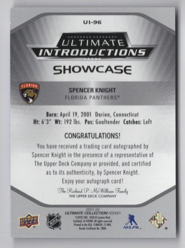 2021-22 UPPER DECK ULTIMATE INTRODUCTIONS SHOWCASE AUTO SPENCER KNIGHT ...