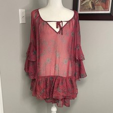 Free People Sunsette Boho Flowy Ruffle dress size Small Red Floral Sheer