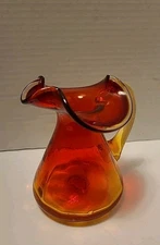 Hand-Blown Art Glass Mini Pitcher Creamer Vase 4 1/2" Ruffle Edge Red  Yellow 
