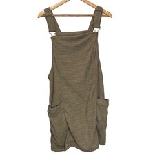 Women's Olive Taupe Waffle Knit Pinafore Dress Mini Overall Style Size L Pockets