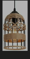 Rustic Woven Cage Pendant Light One-Light Industrial Metal Hemp Rope