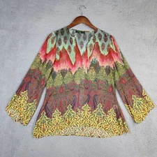 Poeme Citron Top Women's Medium Multicolor Paisley V-Neck Tunic Blouse Preppy