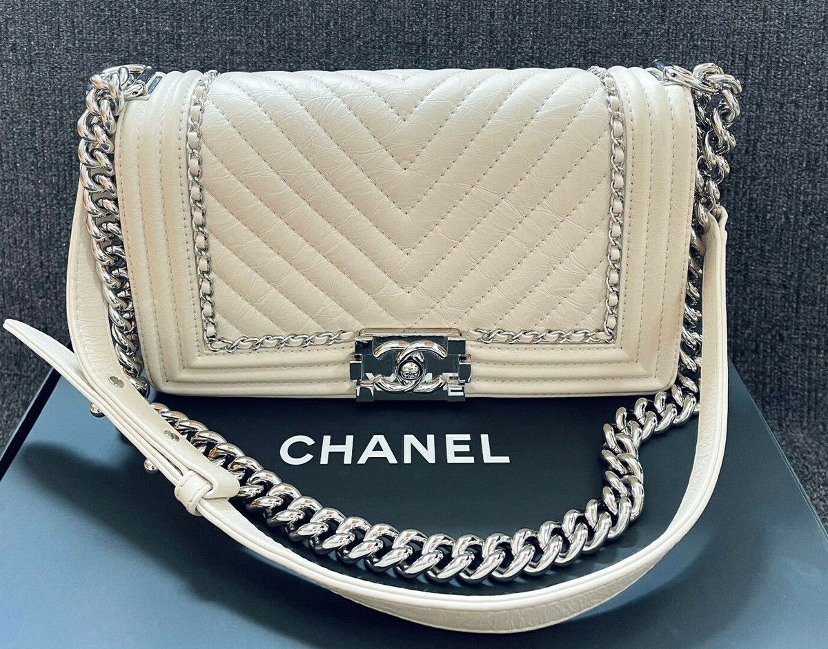 CHANEL Medium Boy Flap Calfskin Leather Shoulder Bag Light Cream