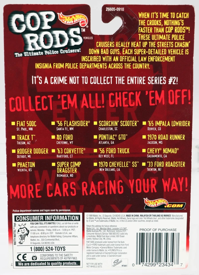 Varillas de policía Hot Wheels Fiat 500C St. Paul, Departamento de Policía de Minnesota - 26605 NRFP 1999 blancas Foto 4 de 4