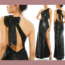 NWT$598 Mac Duggal [ 12 ] Sequined One Shoulder Back Bow Detail Gown Black G1519