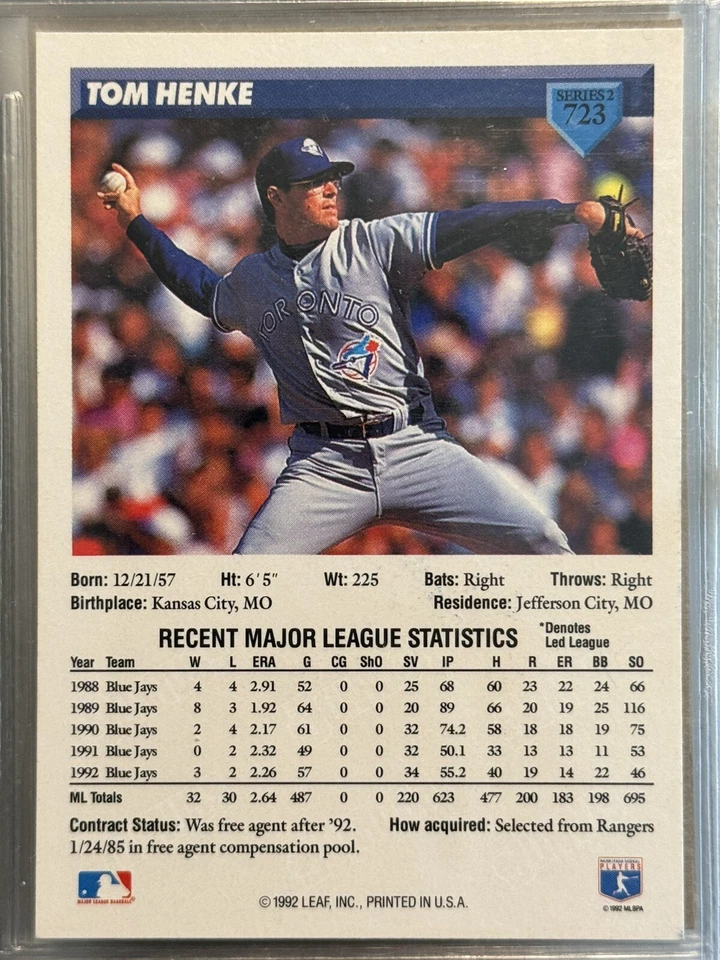 1993 Donruss Toronto Blue Jays Tom Henke Autograph Card MLB Card #723 HOF - Image 2 of 2