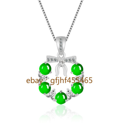Natural Certified A-grade Jade Sun Green Christmas Wreath Pendant S925  Silver