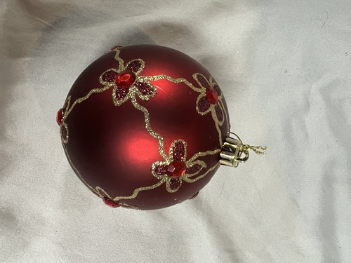 Christmas Ornament Red Bulb with Gold Glitter Daisy Flowers - Picture 2 of 5