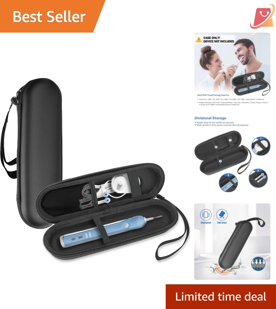 Protective Black Travel Case with Mesh Pocket for Electric Toothbrush Accessory