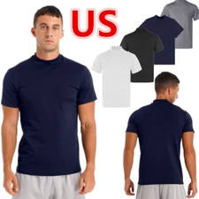Mens Mock Neck Short Sleeve T-shirt Undershirt Casual Solid Color Slim,Top