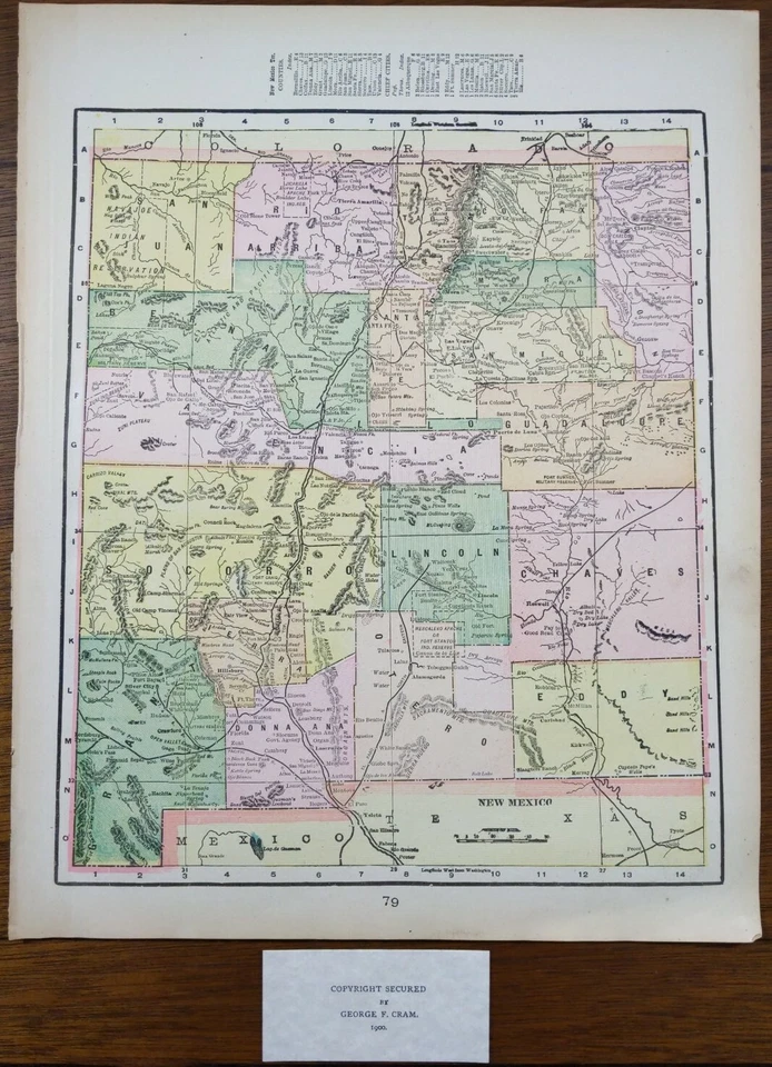 Mapa de colección 1900 NUEVO MÉXICO 11"x14" ~ Antiguo Antiguo Original ROSWELL SANTA FE TAOS Foto 4 de 4