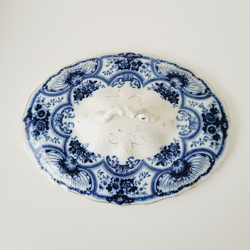 Antique J&G Meakin York Flow Blue Covered Dish Gold Accents Floral Swag England - Picture 2 of 18