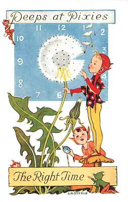 1930s Steele Peeps Pixies Right time fantasy Salmon Postcard 25-1637