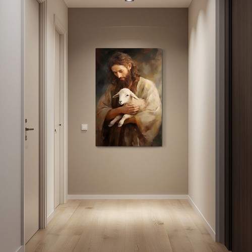 Jesus Christ With Lamb Vintage Painting Print Canvas Wall Art Christian Decor - Picture 10 of 12