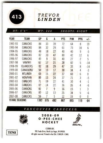 2008-09 O-Pee-Chee Metal Trevor Linden #413 Vancouver Canucks - Picture 2 of 2