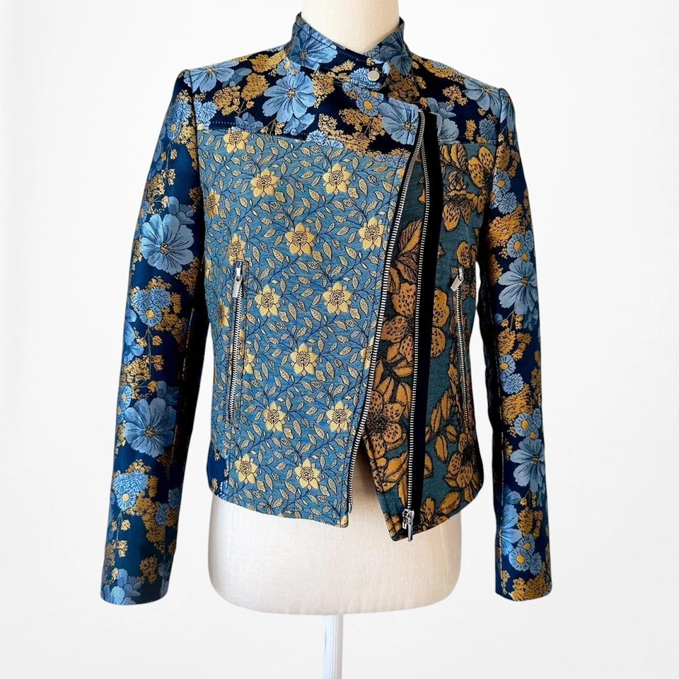 Zara Blue Yellow Floral Embroidered Shoulder Padded Blazer Jacket Size XS - Image 4 of 4