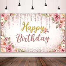 Happy Birthday Backdrop Decorations for Women Background Party Supplies Rose Bac