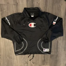 CHAMPION Big C Mock Neck Pullover Jacket Black Mens Size 44 Large Spellout Vtg