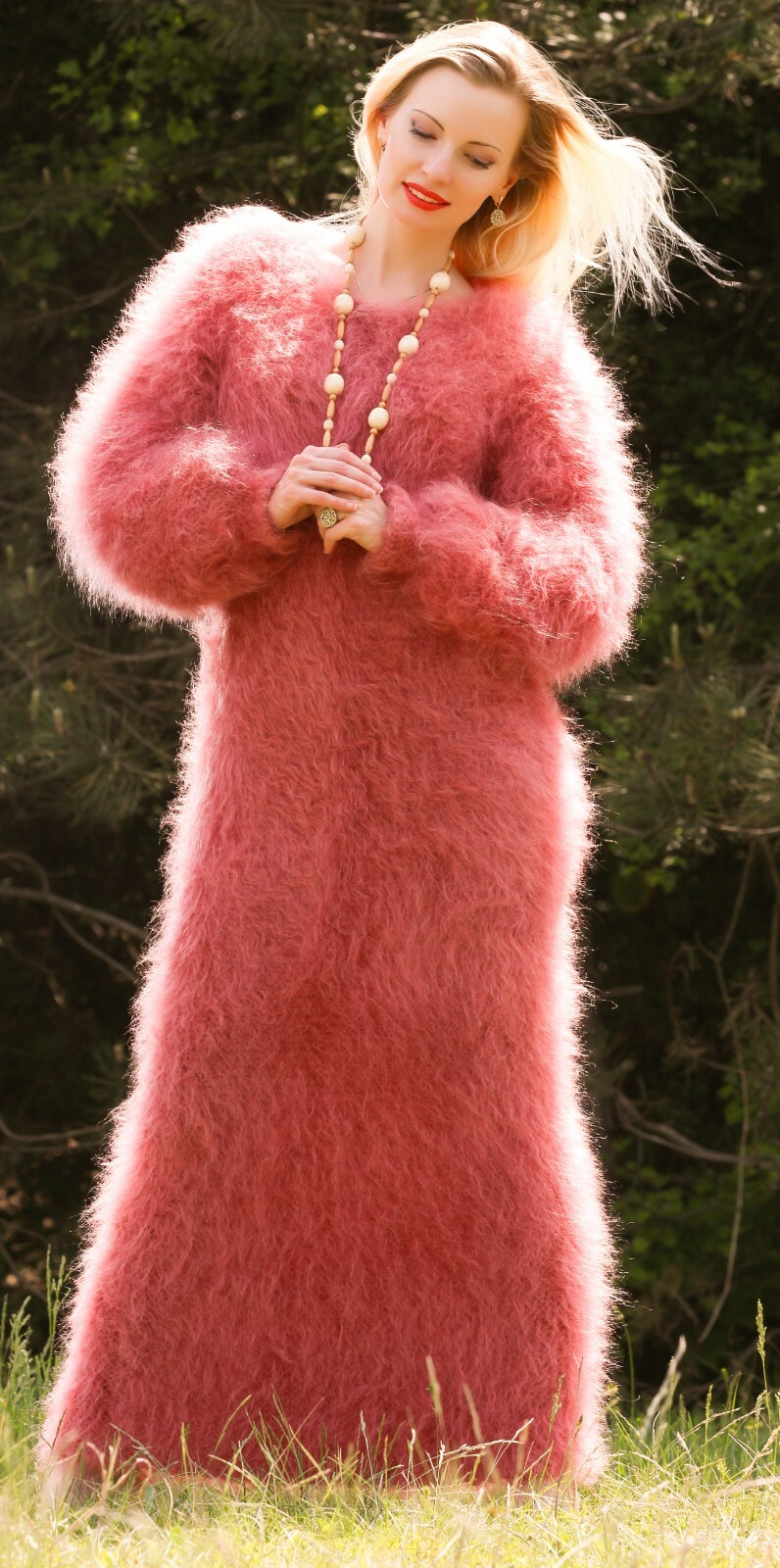 Long red mohair sweater dress cowlneck hand knit designer gown SuperTanya image 8