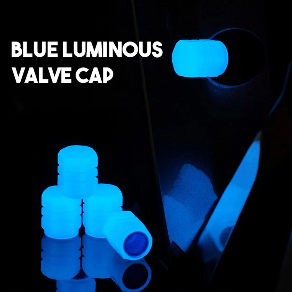4x Tapas de vástago de válvula de neumático fluorescente azul luminoso para accesorios de automóvil Foto 3 de 4