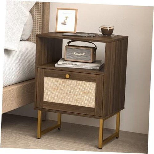 Rattan Nightstand,Farmhouse Bedside Table with Storage Drawer and Open