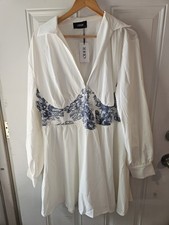 NWT Cider Women’s 2XL White Blue Toile Print Mini Dress Long Sleeve Collared