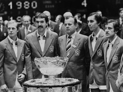 The Czech Davis Cup Team with their trophy after winning final aga- Old Photo