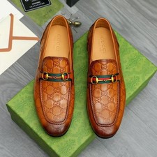 Men's Gucci Horsebit Web GG Loafers Brown Leather Slip On Dress Shoes