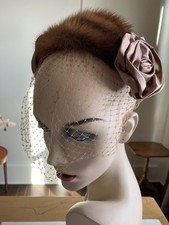 VTG 60  s CHAMPAGNE BROWN MINK FASCINATOR HAT w SATIN ROSETTES -VEIL