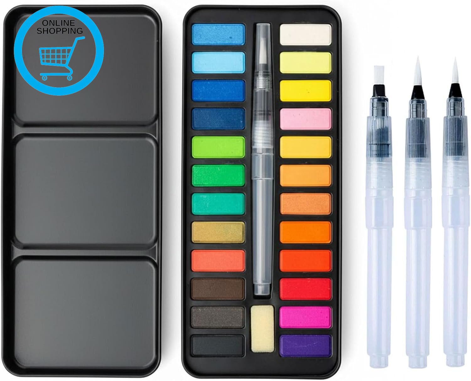 Watercolour Paint Set 24 Colours, Portable Watercolour Paints Box with 3 × 155Mm