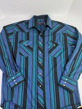 Vintage Wrangler Pearl Snap Western Stripe Men's Shirt X-Long Tails Blue Teal