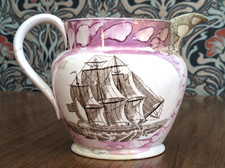 19th Century Sunderland Pink Lustre Pearlware Ship & Poem Jug Antique Pottery