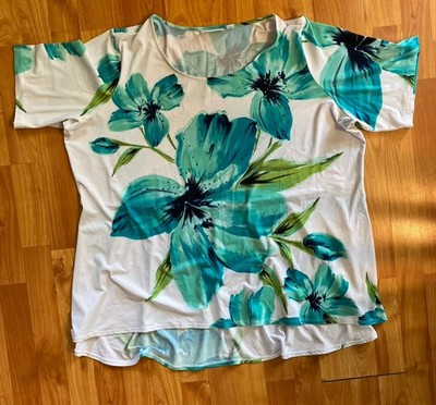 Susan Graver 2X White Blue Floral Tunic Top Stretch Rhinestone Plus Size