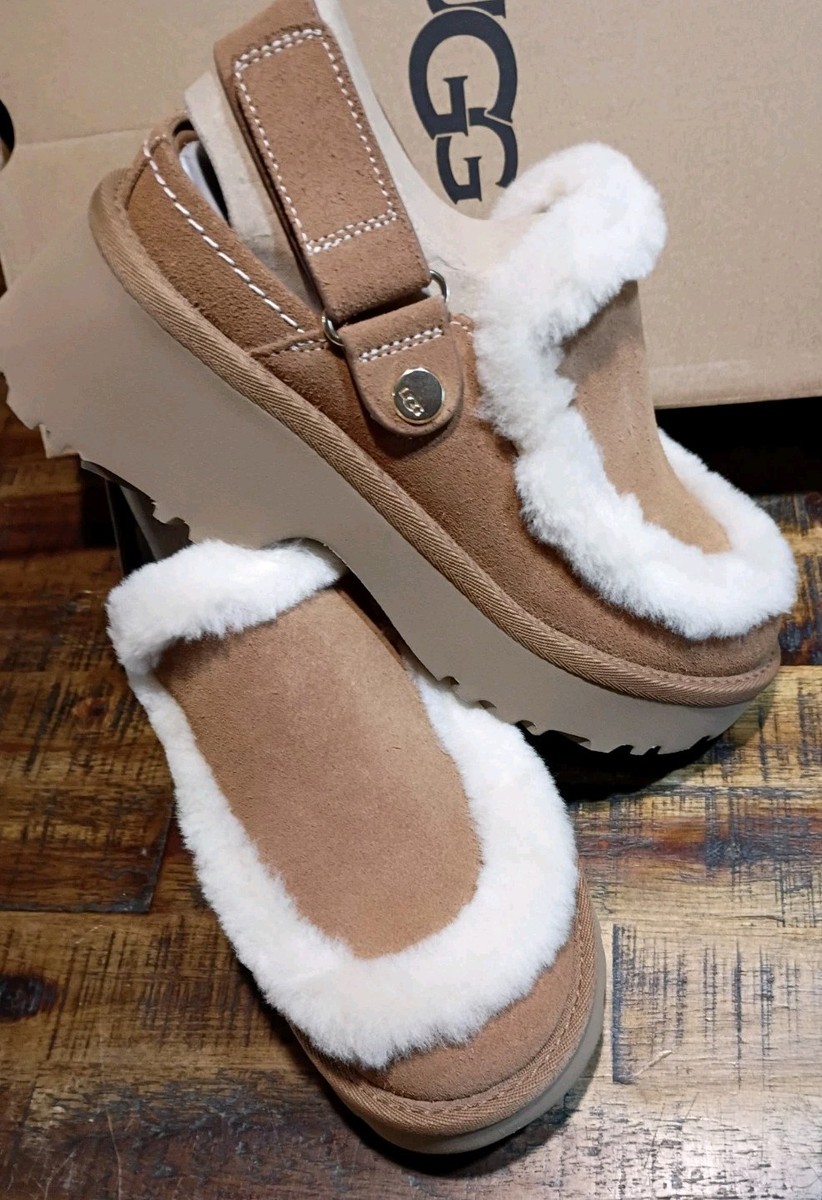 Women's UGG Esmee Chestnut Suede & Sheepskin Platform Clog Sz 7.0