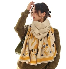 Womens Chunky Blanket Scarf, Beige Yellow-Plant, Pashmina Shawl, Cashmere
