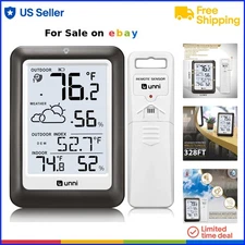 Wireless Indoor Outdoor Thermometer Metal Black 330ft Range Temp Humidity Mon...
