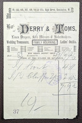 1896 Derry & Toms, Drapers & Silk Mercers High St, Kensington, London Rechnung
