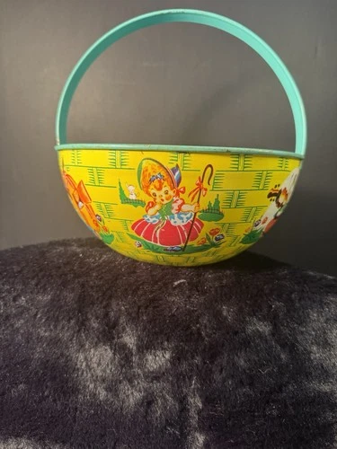 VTG 1940s J. Chein & Co. Tin Litho Easter Basket Nursery Rhyme Theme Teal