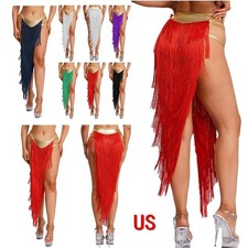 US Womens Belly Dance Tiered Tassel Fringe Skirt High Slit Skirt Dance Costume
