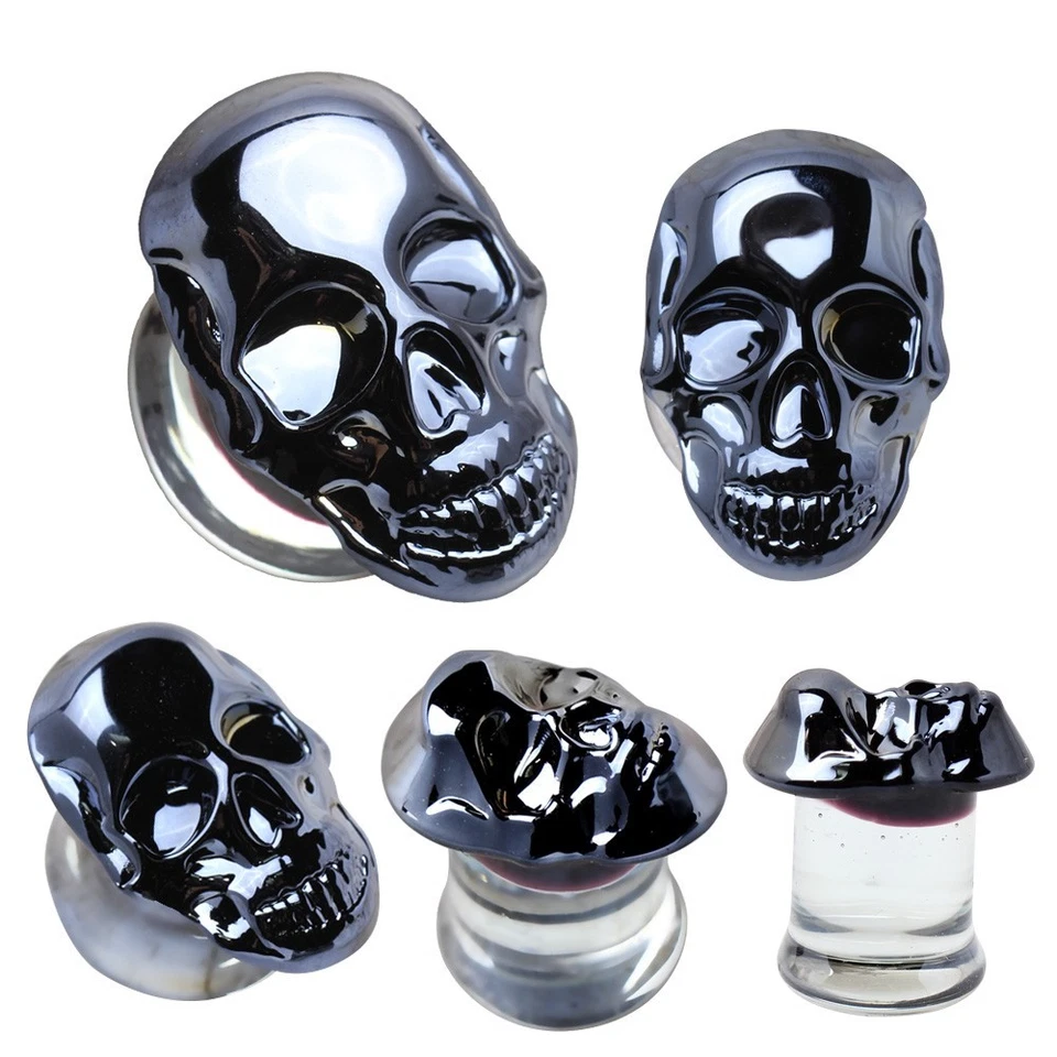 PAIR of Metallic Black Skull Glass Double Flare Plug - Image 2 of 4