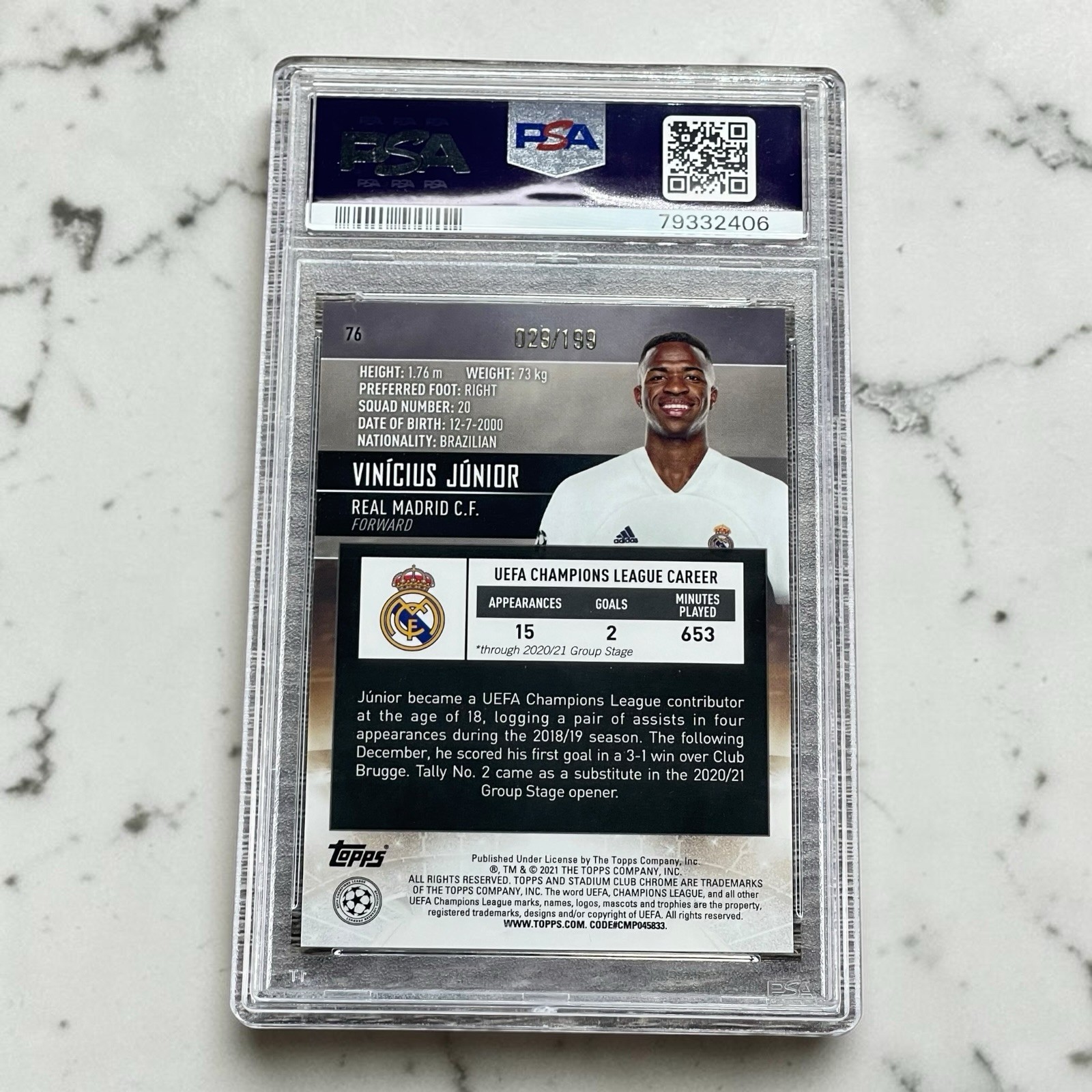 2020 Topps Stadium Club Chrome UCL Vinicius Jr.  #76 Aqua Refractor #/199 PSA 10 view 2