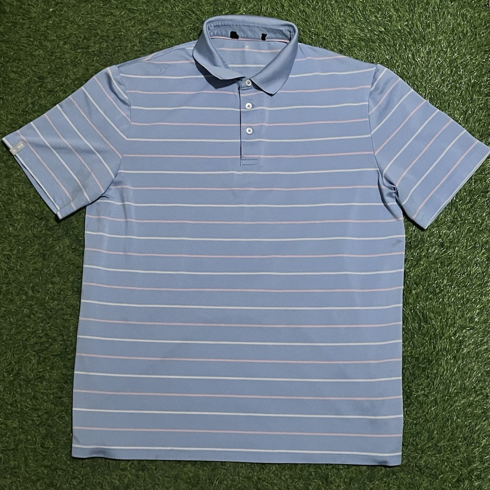 RLX Ralph Lauren Wicking Short Sleeve White Striped Golf Polo Blue Shirt Men’s L
