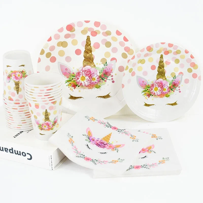 Unicorn Party Disposable Tableware Set Paper Plates Cups Napkins 1St Kids Unicor - image 3 of 4