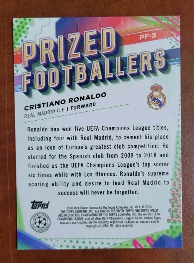 2023-24 Topps Finest UCC - Prized Footballers Cristiano Ronaldo PF-3 NM+ view 2